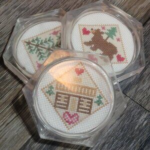 Vintage Cross stitch set of 3 needle point crafting coasters Tree Bear Christmas